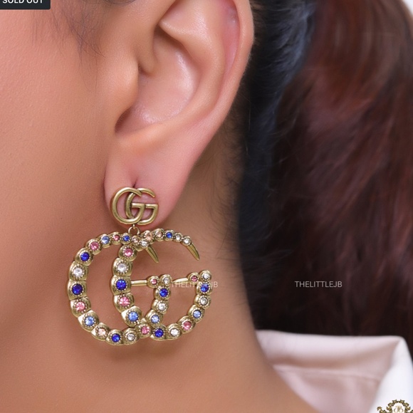 Gucci Gold GG Marmont Colorful Crystals Dangle Earrings - Picture 1 of 9